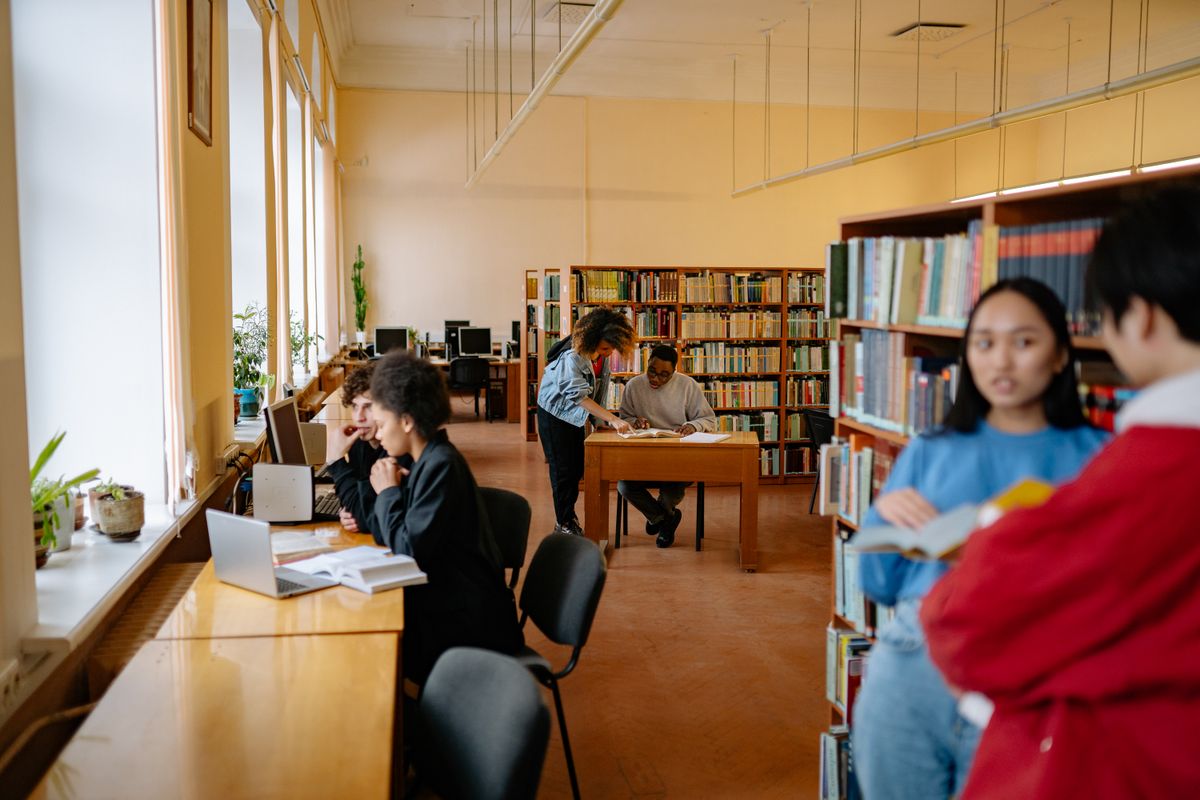 Representative library study scene; not MUHS students or campus